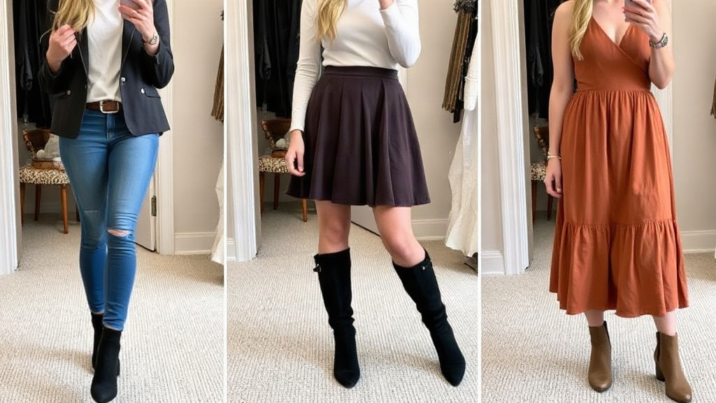 Essayage de bottes mi-mollet Femme essayant des bottes mi-mollet avec divers vêtements.