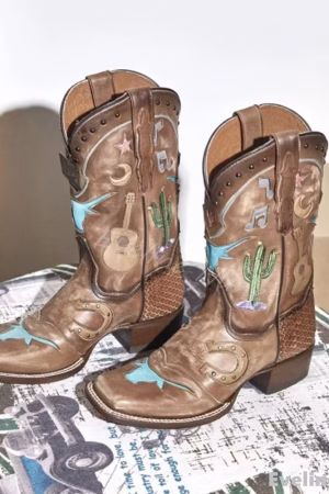 Bottes cowboy brodées graffitis, talon épais mi-mollet — vue principale