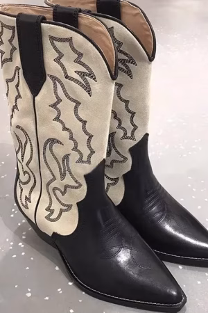 Bottes cowboy brodées noir-beige, talon bloc — vue principale