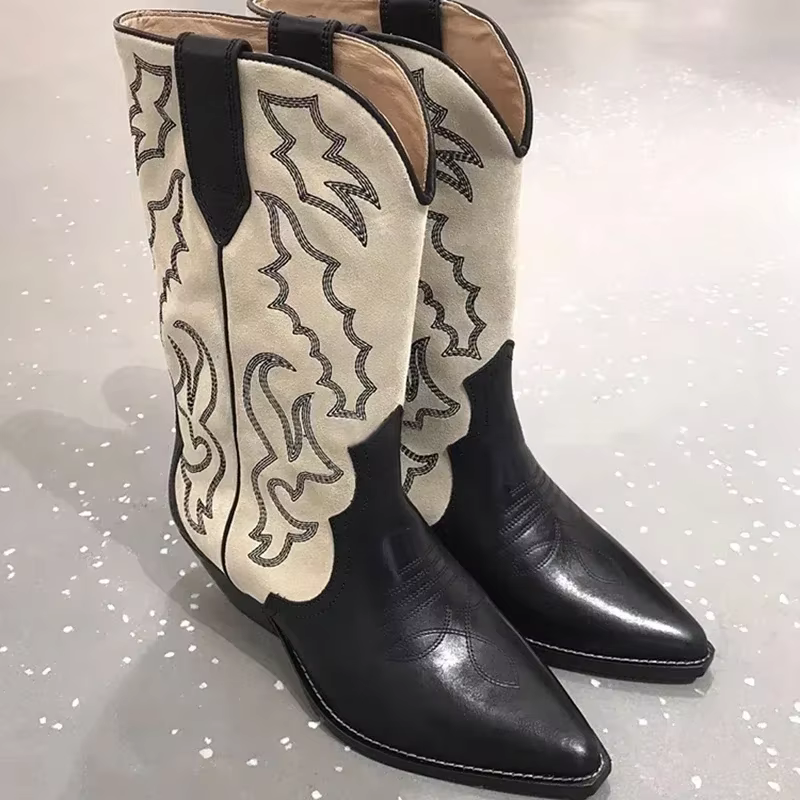 Bottes cowboy brodées noir-beige, talon bloc count(title)% Bottes cowboy brodées noir-beige, talon bloc — vue principale