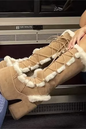 Bottes hautes femme lacées à plateforme et fourrure synthétique — vue principale