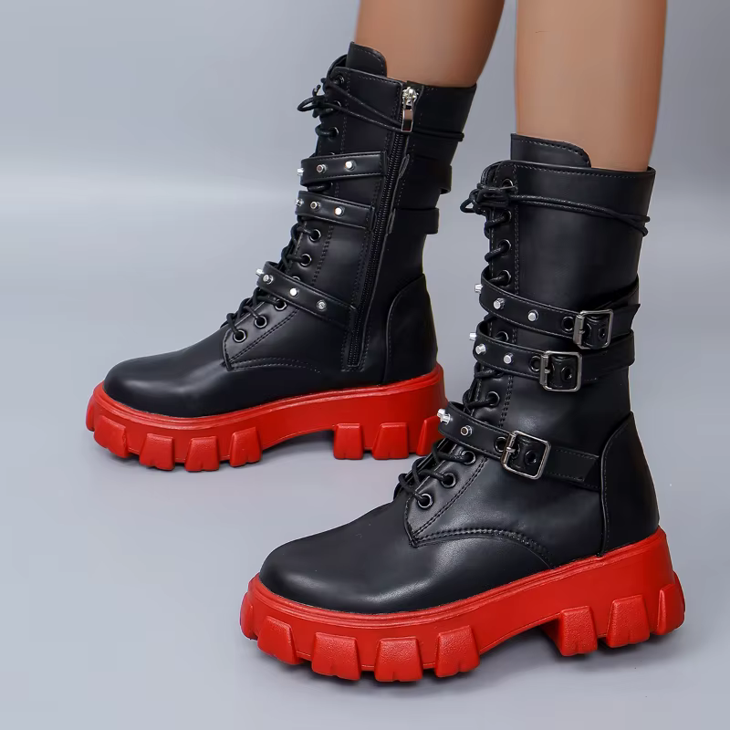 Bottes mi-mollet en cuir PU, semelle crantée count(title)% Bottes mi-mollet en cuir PU, semelle crantée — vue principale