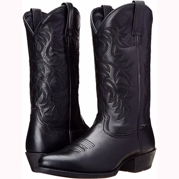 Bottes western mi-mollet homme en cuir PU, motif brodé, talon moyen — vue de face