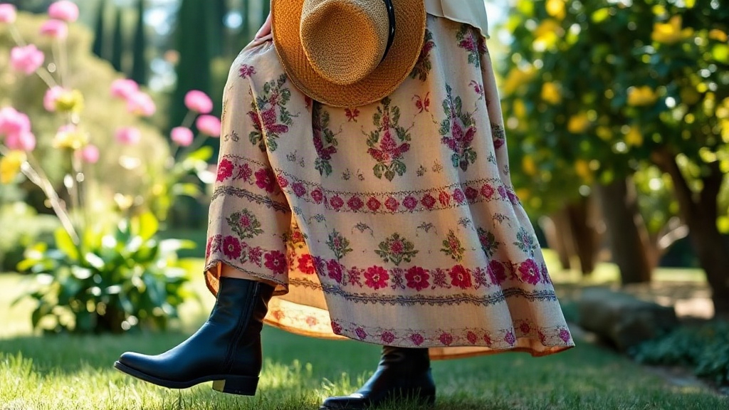 Look bohème avec bottes plates Tenue bohème avec bottes plates noires et jupe maxi fleurie.